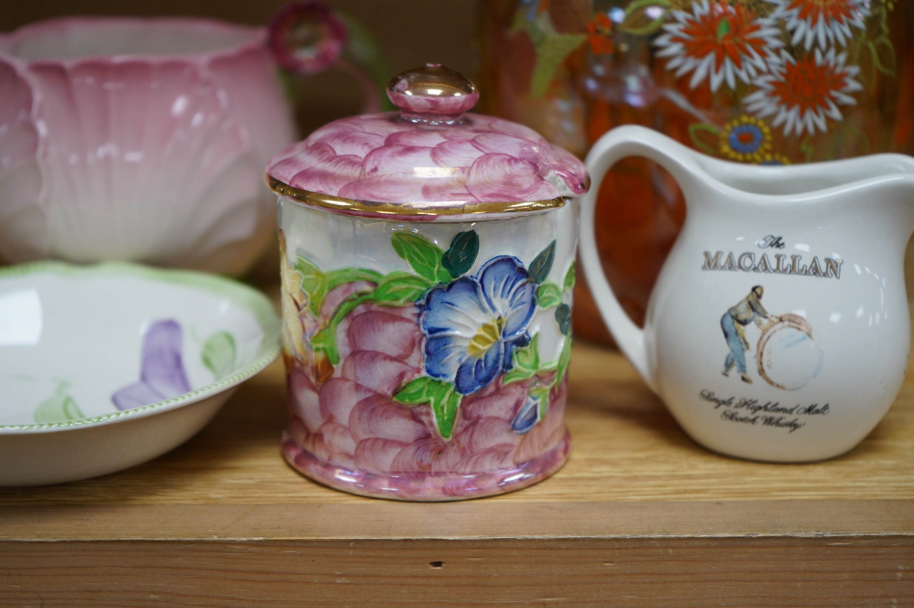 A Maling pink peony honey pot, a Carltonware lustre ‘cockerels’ vase, a similar jug, a Grays pottery dish and a Macallan whisky jug, tallest 14cm. Condition - good